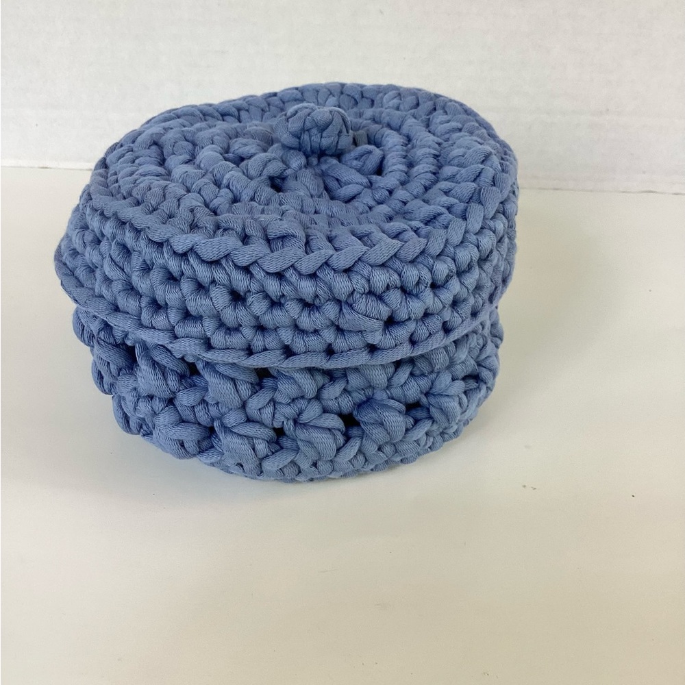 Bowl Lidded Hand Crafted Container Crochet Cotton Denim Blue Boho - Picture 3 of 16